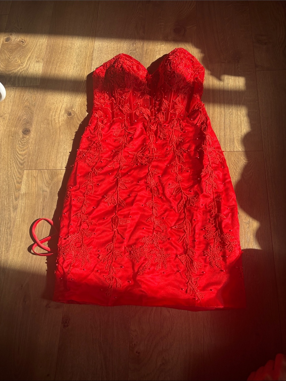 Red Strapless Lace Embellished Bodycon Dress